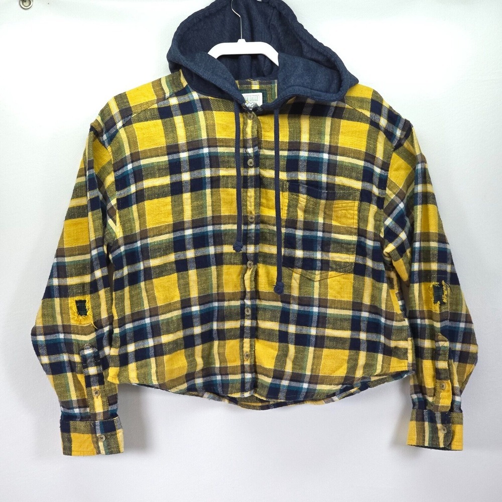 American Eagle Cozy Cabin Cropped Hoodie Flannel Women's Medium Gorpcore Shacket